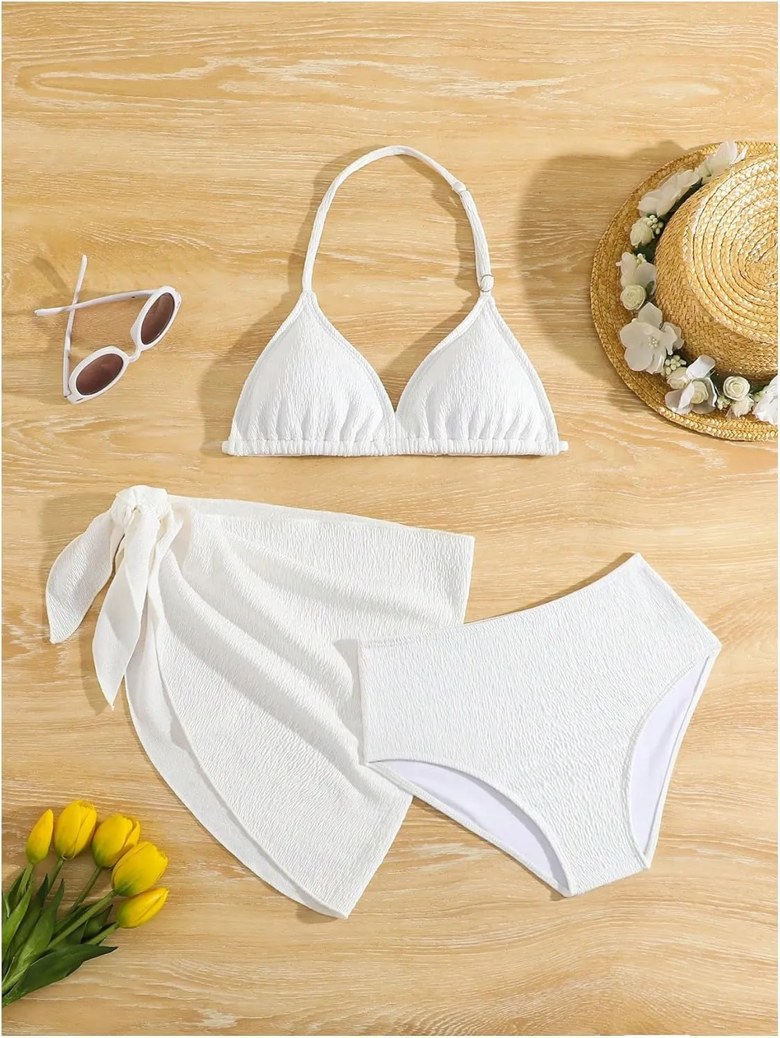 SHENHE Girl's 3 Pieces Halter Triangle Bikini Sets Spaghetti Strap Swimsuit Smocked Bathing Suit with Beach Skirt