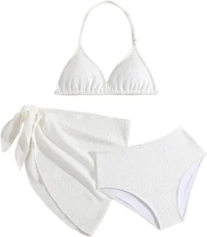 SHENHE Girl's 3 Pieces Halter Triangle Bikini Sets Spaghetti Strap Swimsuit Smocked Bathing Suit with Beach Skirt