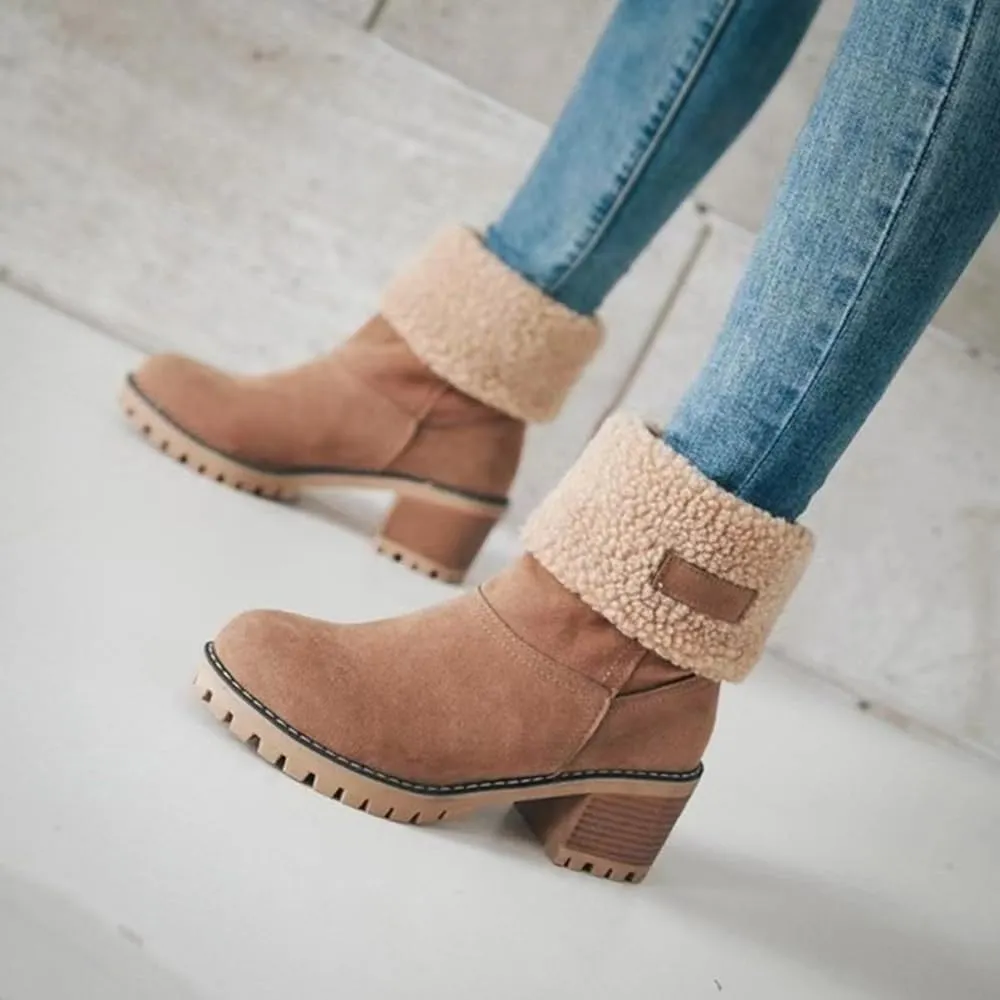 Sheremart Seniors' Chunky Heel Winter Boots, Winter Platform Furry Boots for Women, Warm Plush Lined Slip on Boots, Mid Calf Chunky Heel Suede Round Toe Snow Boots