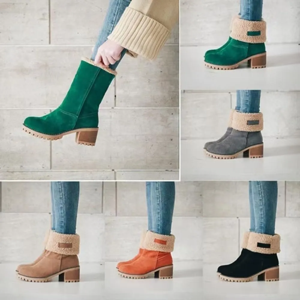 Sheremart Seniors' Chunky Heel Winter Boots, Winter Platform Furry Boots for Women, Warm Plush Lined Slip on Boots, Mid Calf Chunky Heel Suede Round Toe Snow Boots