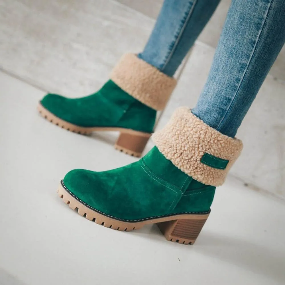 Sheremart Seniors' Chunky Heel Winter Boots, Winter Platform Furry Boots for Women, Warm Plush Lined Slip on Boots, Mid Calf Chunky Heel Suede Round Toe Snow Boots