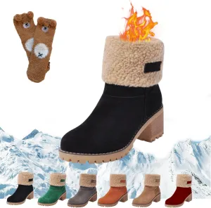 Sheremart Seniors' Chunky Heel Winter Boots, Winter Platform Furry Boots for Women, Warm Plush Lined Slip on Boots, Mid Calf Chunky Heel Suede Round Toe Snow Boots