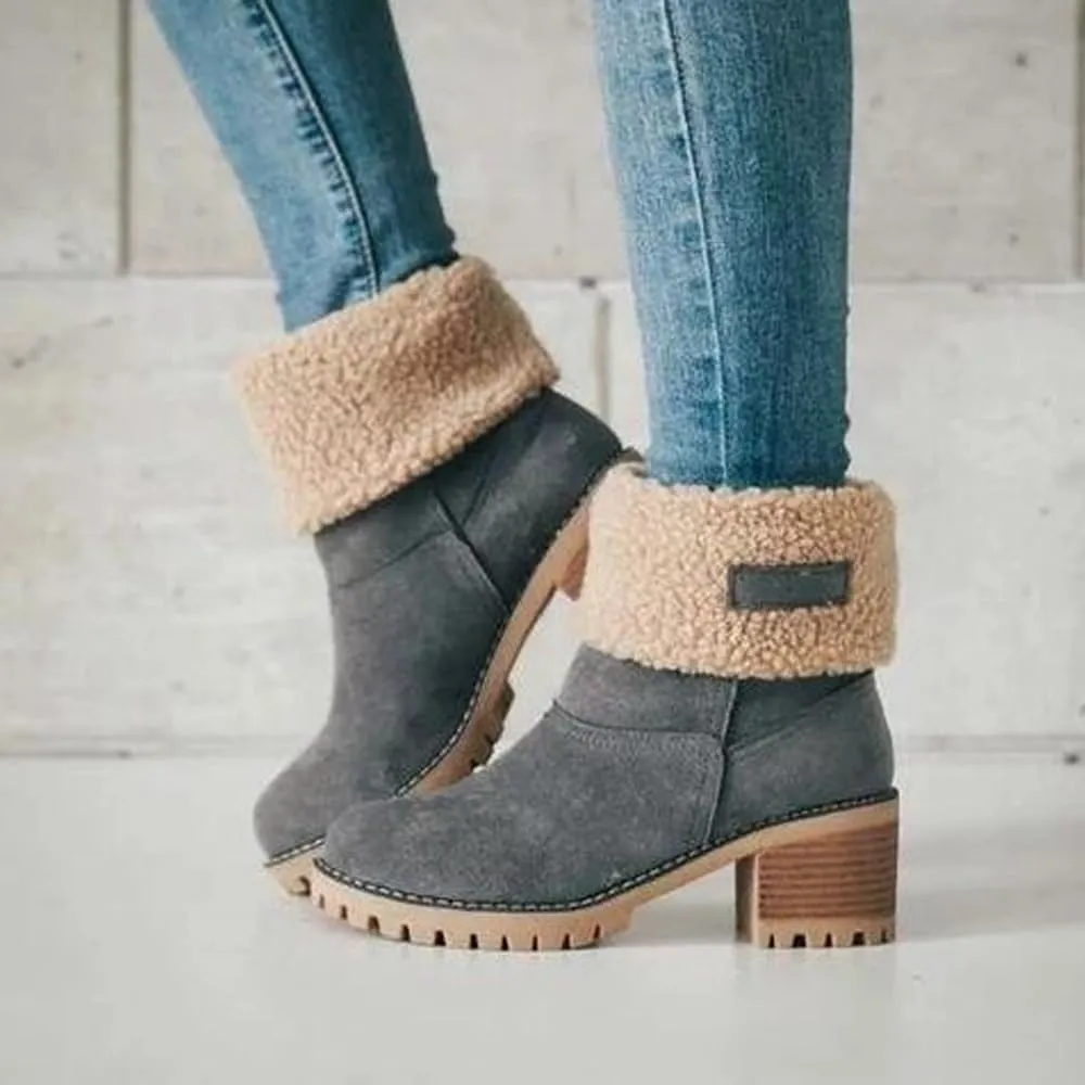 Sheremart Seniors' Chunky Heel Winter Boots, Winter Platform Furry Boots for Women, Warm Plush Lined Slip on Boots, Mid Calf Chunky Heel Suede Round Toe Snow Boots