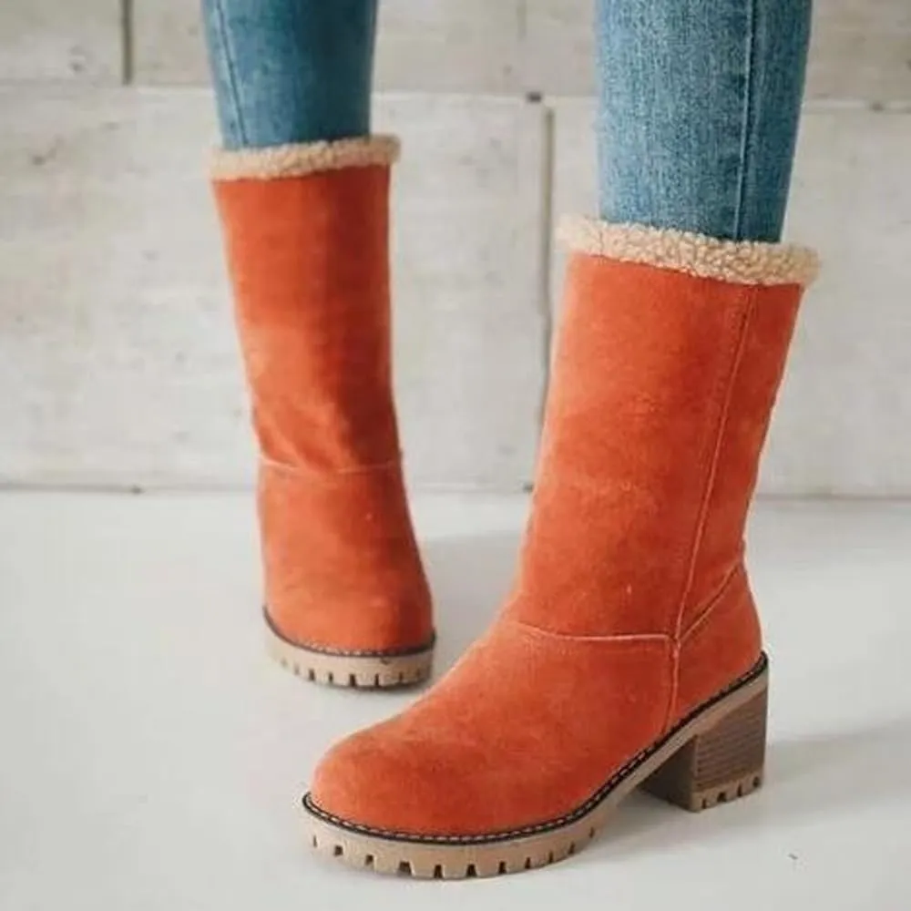 Sheremart Seniors' Chunky Heel Winter Boots, Winter Platform Furry Boots for Women, Warm Plush Lined Slip on Boots, Mid Calf Chunky Heel Suede Round Toe Snow Boots