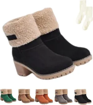 Sherum Winter Boots Womens, Women's Chunky Heel Round Toe Snow Boots, Mid-Calf Chunky Heel Suede Winter Boots(Black,7.5)
