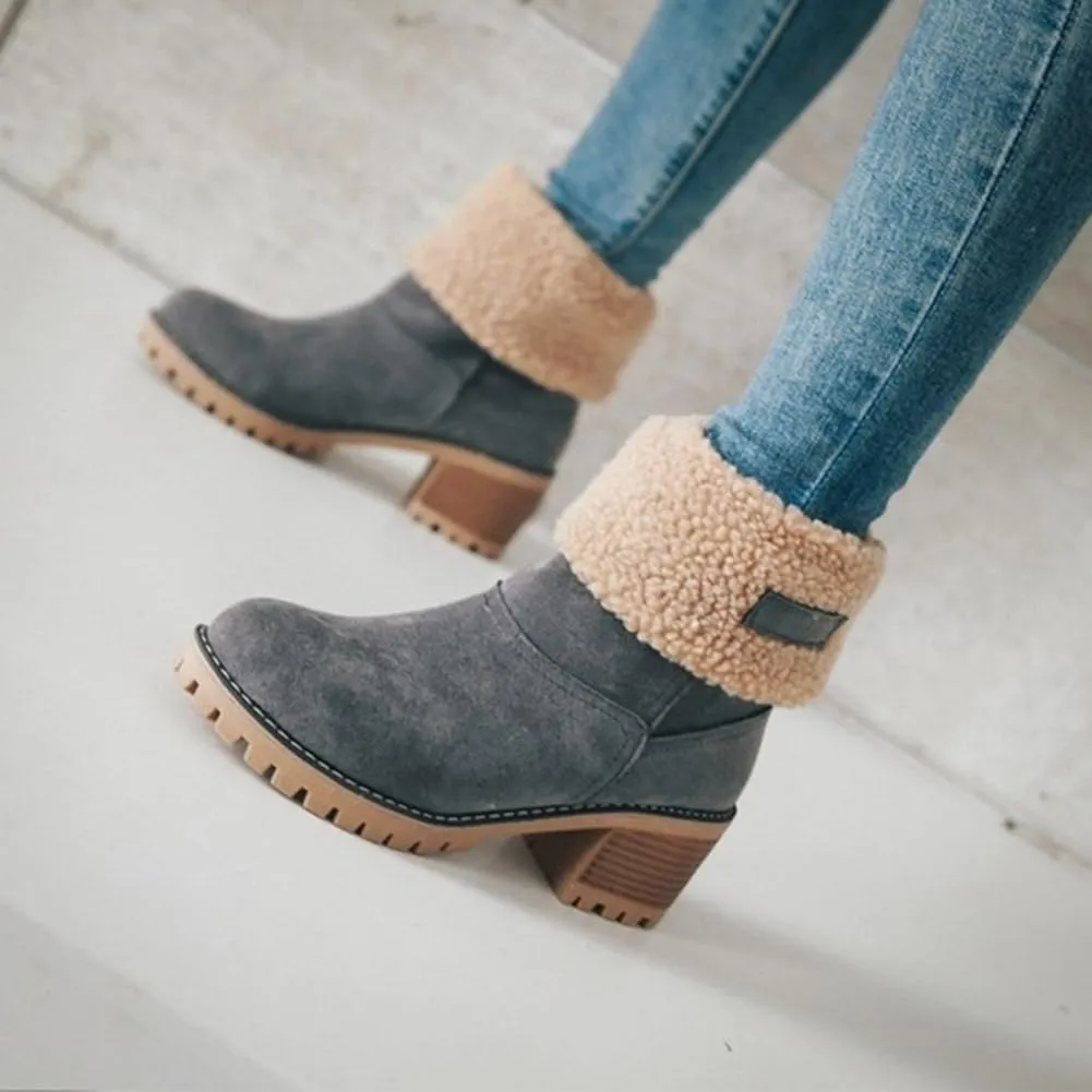 Sherum Winter Boots Womens, Women's Chunky Heel Round Toe Snow Boots, Mid-Calf Chunky Heel Suede Winter Boots(Black,7.5)