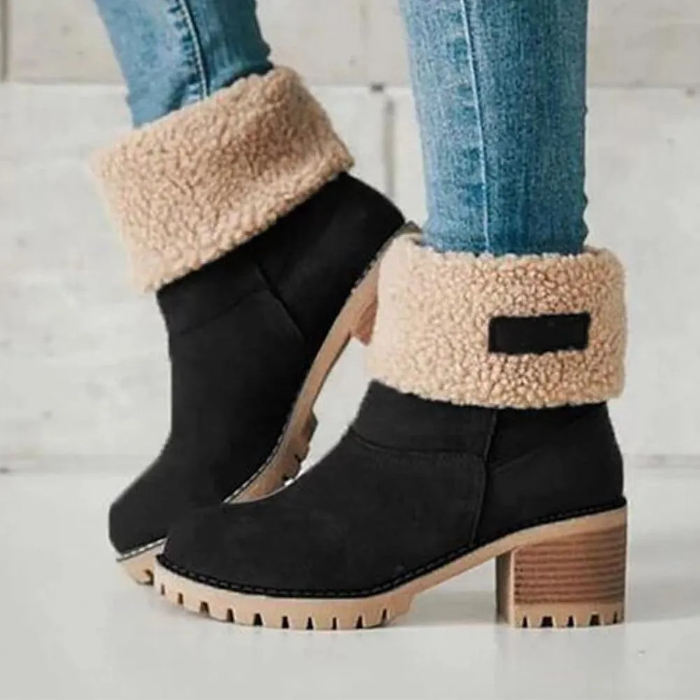 Sherum Winter Boots Womens, Women's Chunky Heel Round Toe Snow Boots, Mid-Calf Chunky Heel Suede Winter Boots(Black,7.5)