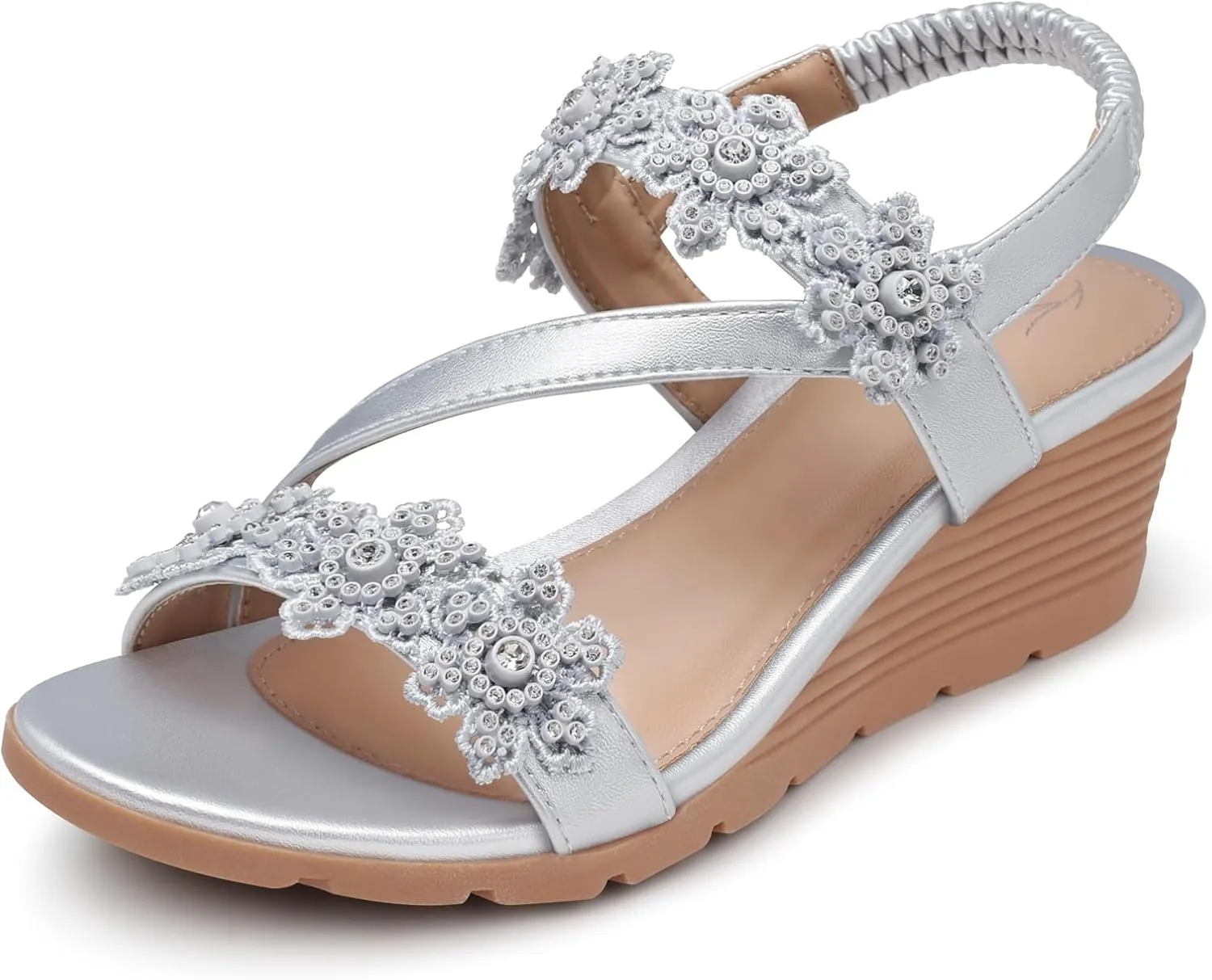 SHIBEVER Wedge Sandals for Women Dressy: Summer Open Toe Low Platform Wedges Sandals Elastic Ankle Strap Flower Comfortable Casual Shoes