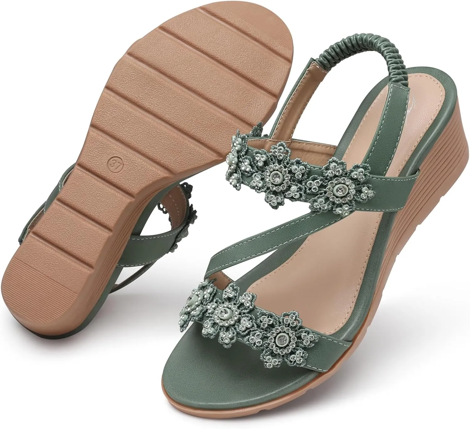 SHIBEVER Wedge Sandals for Women Dressy: Summer Open Toe Low Platform Wedges Sandals Elastic Ankle Strap Flower Comfortable Casual Shoes