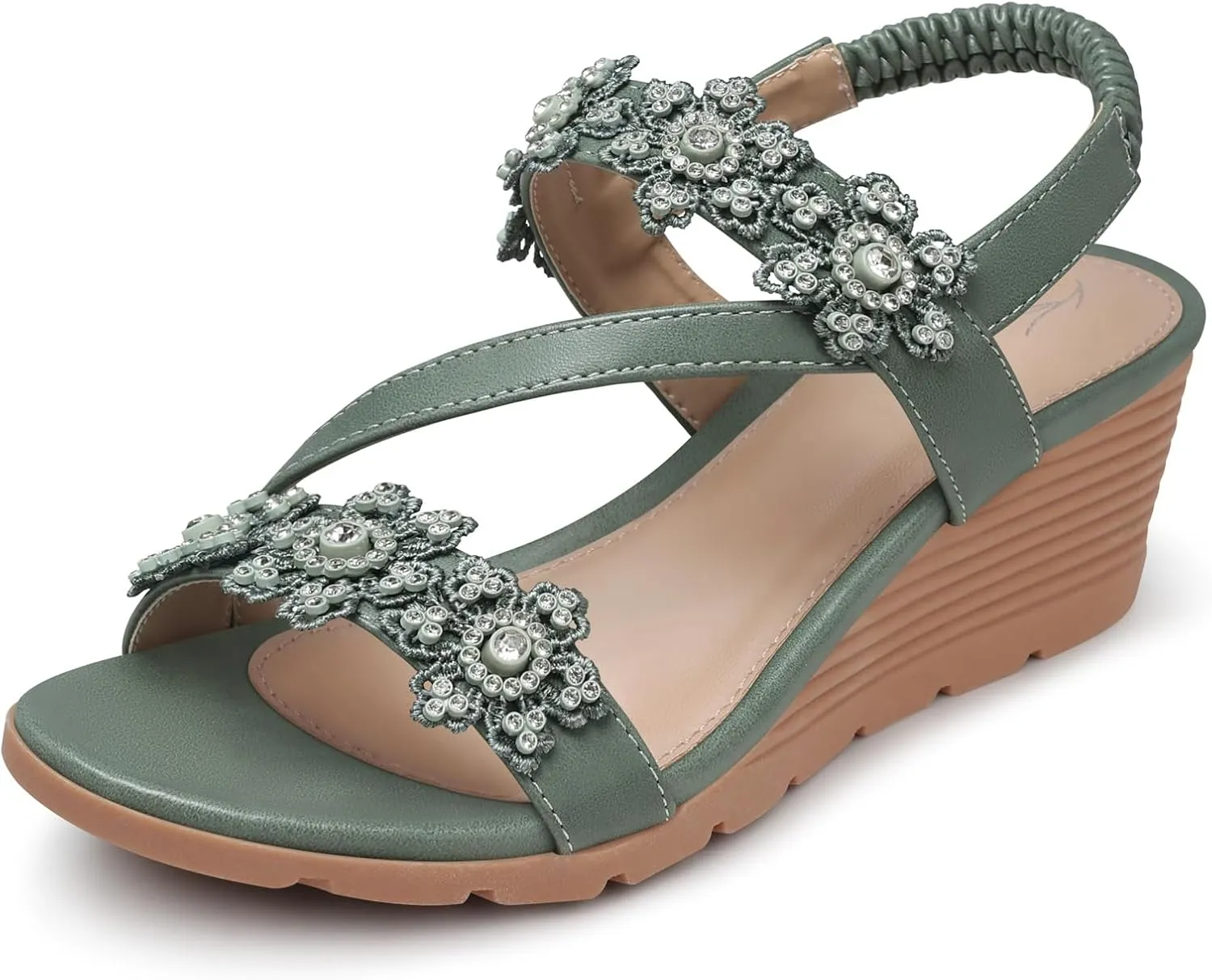 SHIBEVER Wedge Sandals for Women Dressy: Summer Open Toe Low Platform Wedges Sandals Elastic Ankle Strap Flower Comfortable Casual Shoes