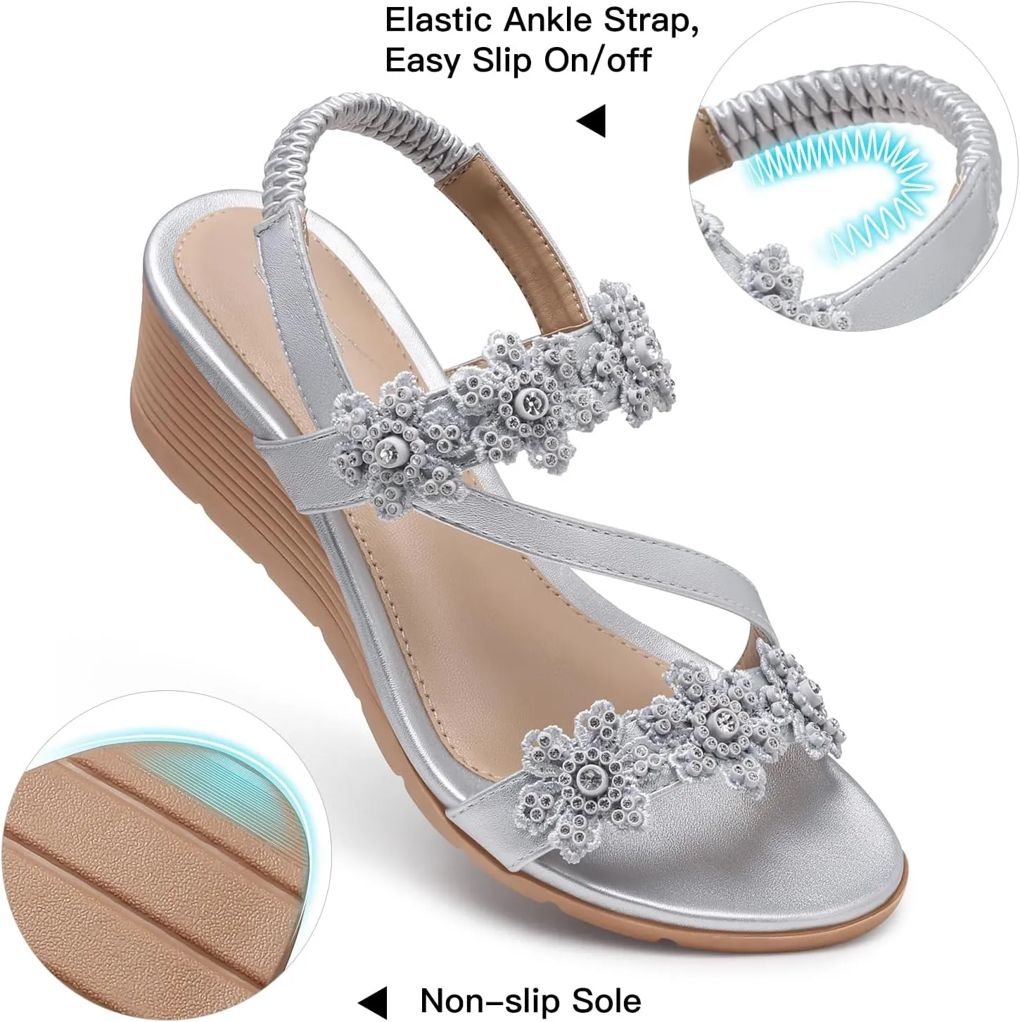 SHIBEVER Wedge Sandals for Women Dressy: Summer Open Toe Low Platform Wedges Sandals Elastic Ankle Strap Flower Comfortable Casual Shoes
