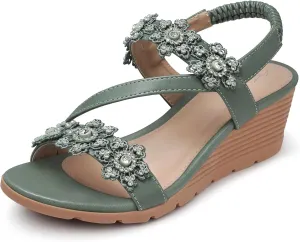 SHIBEVER Wedge Sandals for Women Dressy: Summer Open Toe Low Platform Wedges Sandals Elastic Ankle Strap Flower Comfortable Casual Shoes