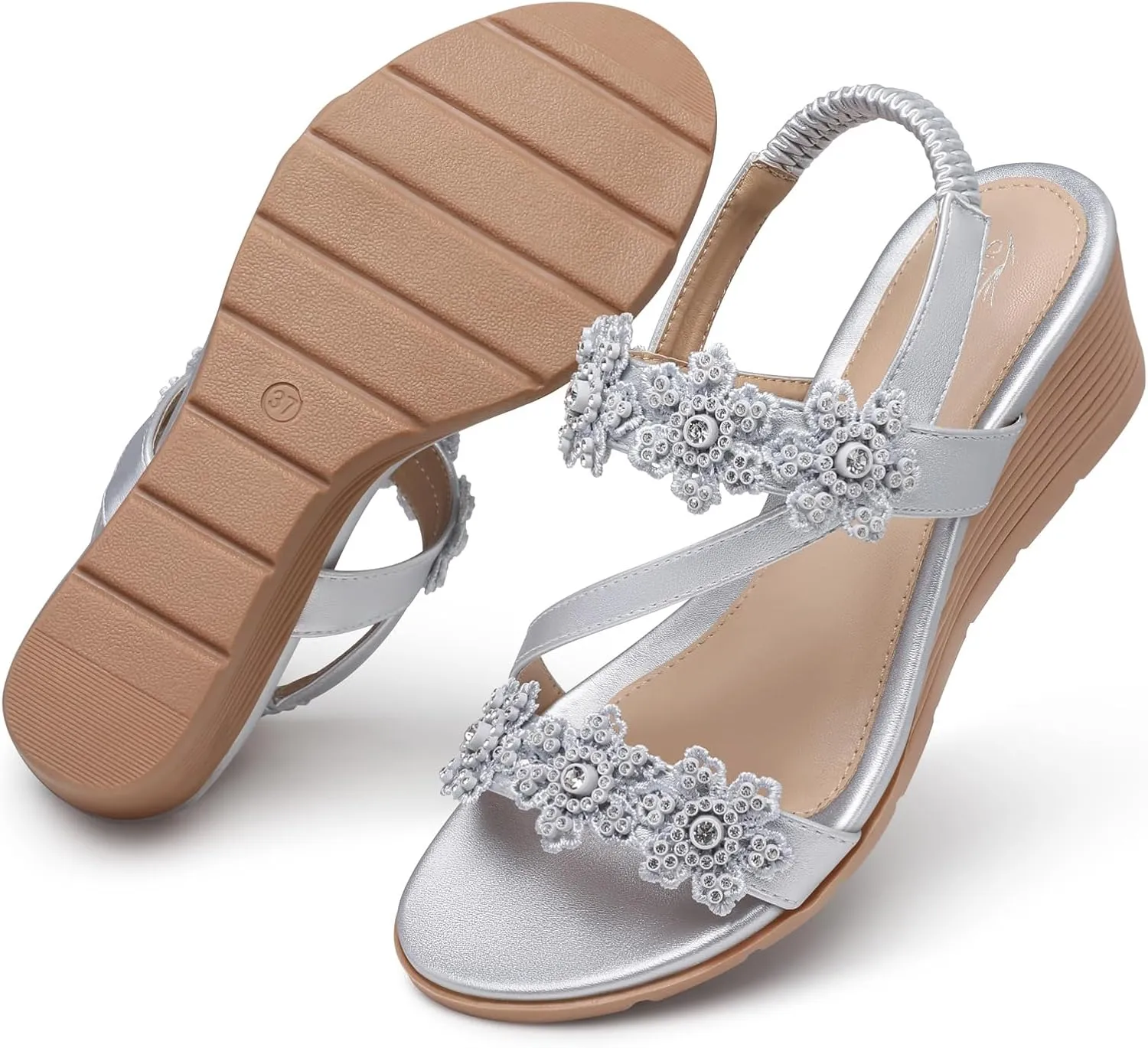 SHIBEVER Wedge Sandals for Women Dressy: Summer Open Toe Low Platform Wedges Sandals Elastic Ankle Strap Flower Comfortable Casual Shoes