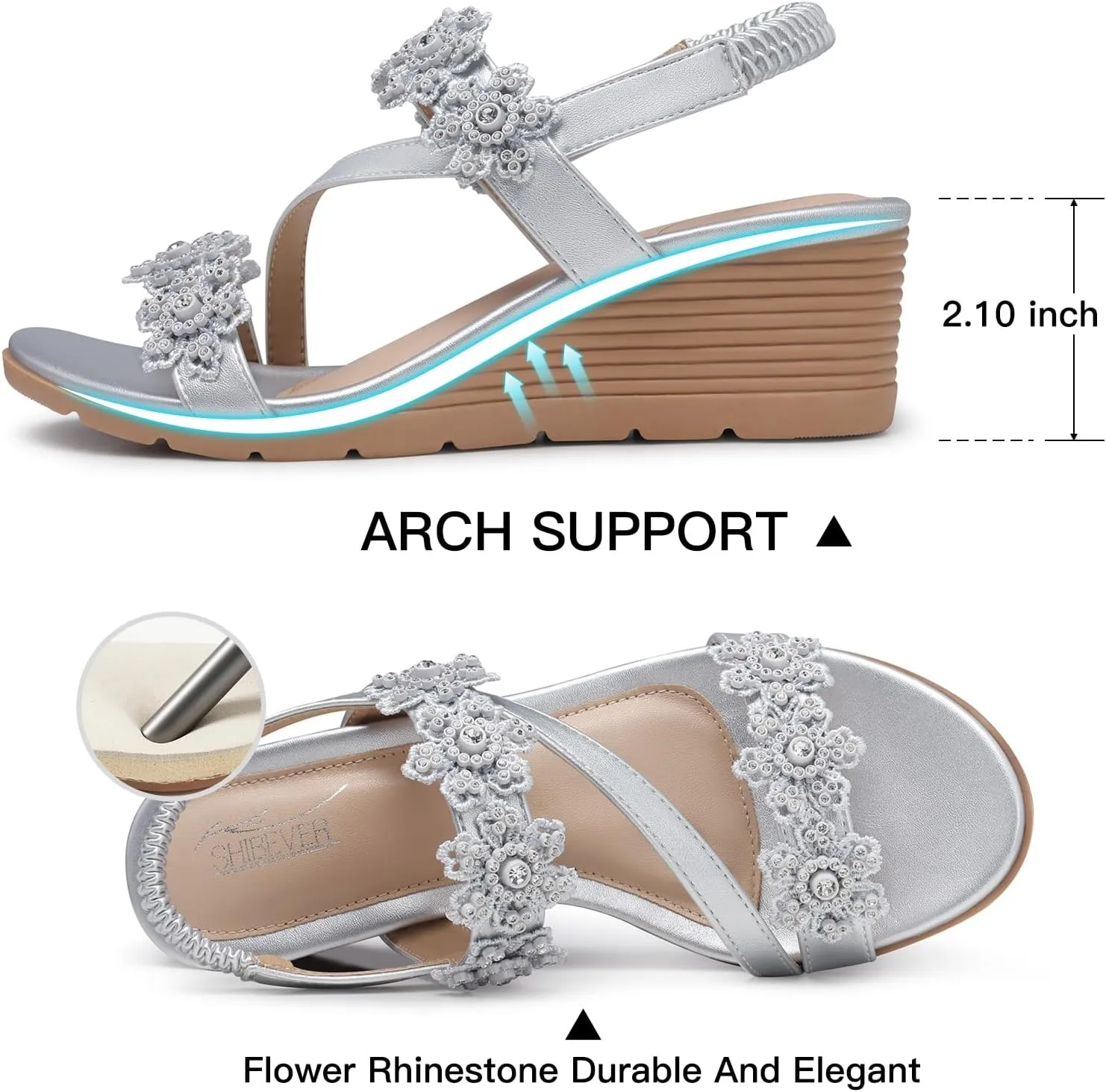 SHIBEVER Wedge Sandals for Women Dressy: Summer Open Toe Low Platform Wedges Sandals Elastic Ankle Strap Flower Comfortable Casual Shoes