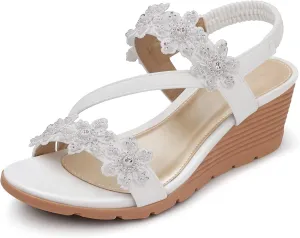 SHIBEVER Wedge Sandals for Women Dressy: Summer Open Toe Low Platform Wedges Sandals Elastic Ankle Strap Flower Comfortable Casual Shoes