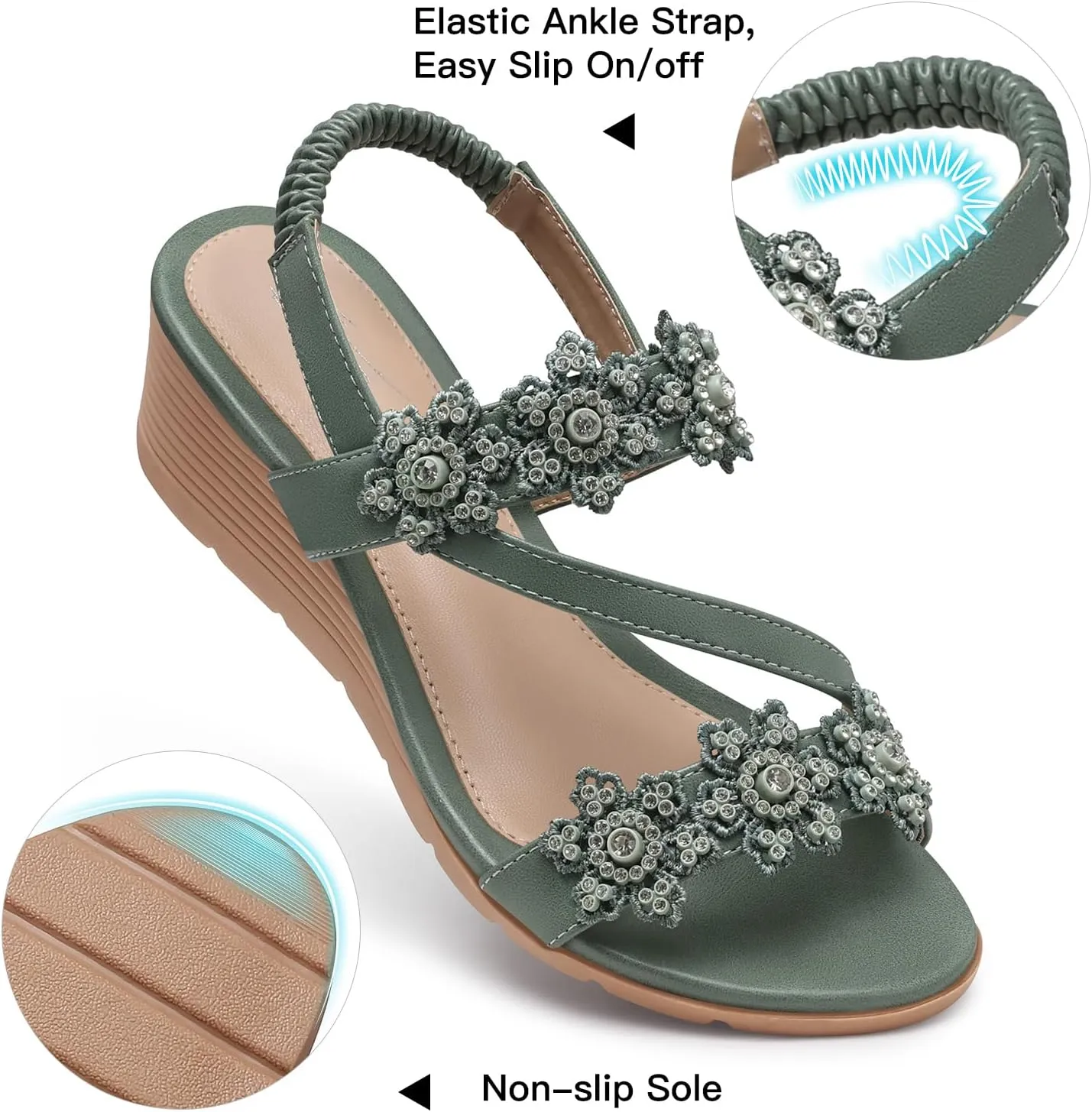 SHIBEVER Wedge Sandals for Women Dressy: Summer Open Toe Low Platform Wedges Sandals Elastic Ankle Strap Flower Comfortable Casual Shoes