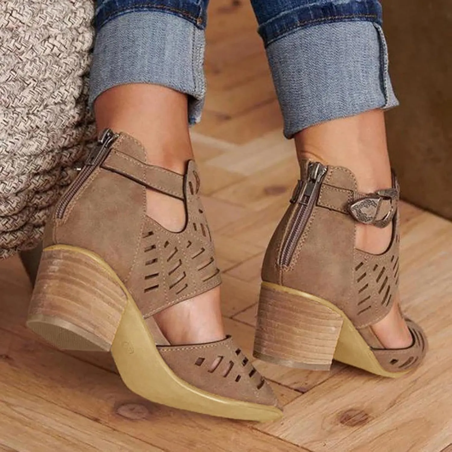 Shoes for Women Dressy, Women's Suede Peep Toe Ankle Booties Cut Out Stacked Block Heel Ankle Boots Drssy