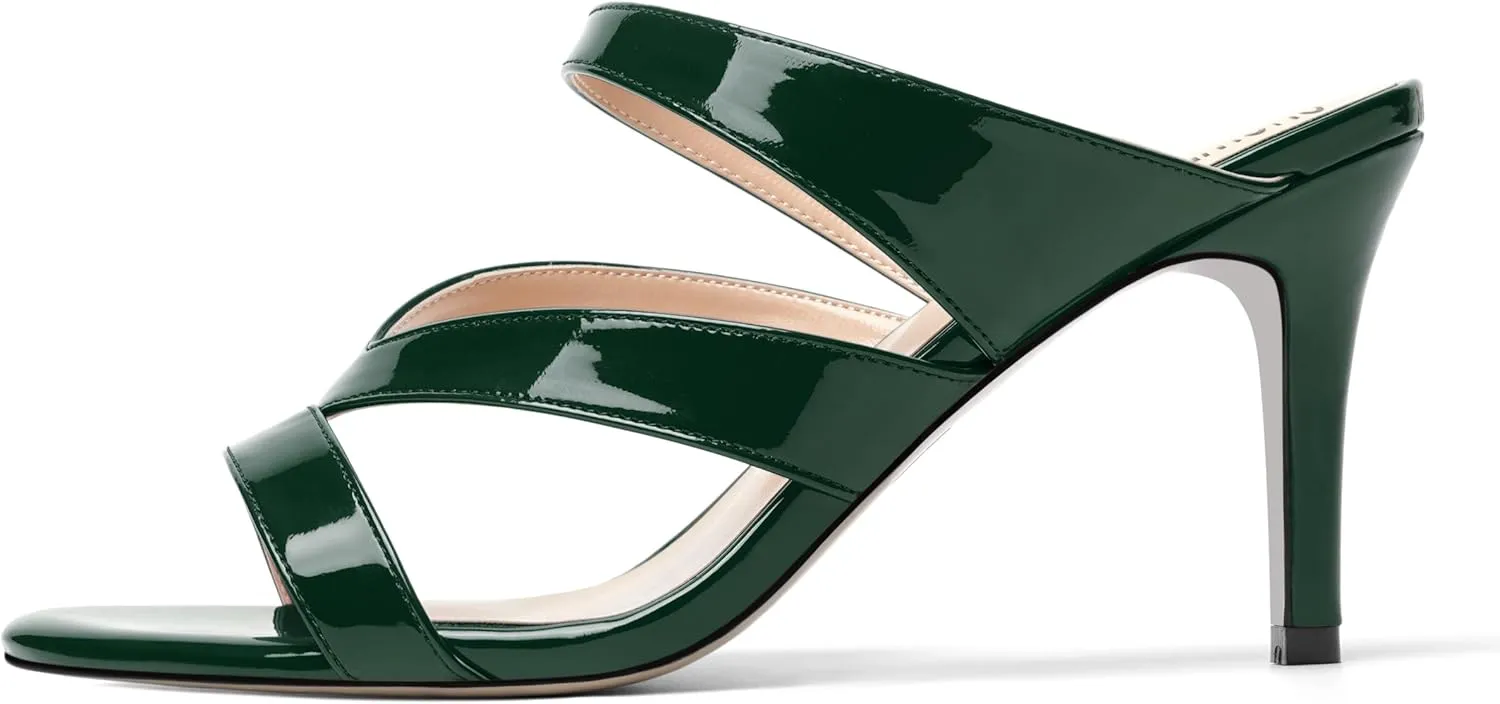 SHOWFOREST Womens Round Toe Solid Party Casual Slip On Patent Stiletto High Heel Heeled Sandals 3.3 Inch