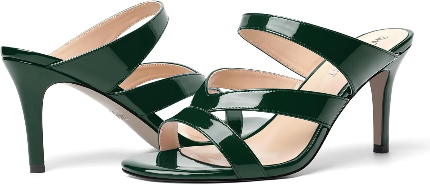 SHOWFOREST Womens Round Toe Solid Party Casual Slip On Patent Stiletto High Heel Heeled Sandals 3.3 Inch