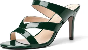 SHOWFOREST Womens Round Toe Solid Party Casual Slip On Patent Stiletto High Heel Heeled Sandals 3.3 Inch