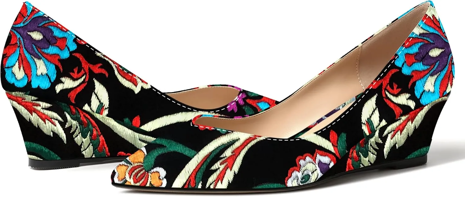 SHOWFOREST Women's Slip On Dating Patent Solid Pointed Toe Sexy Wedge Low Heel Pumps Shoes 2 Inch