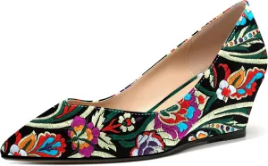 SHOWFOREST Women's Slip On Dating Patent Solid Pointed Toe Sexy Wedge Low Heel Pumps Shoes 2 Inch