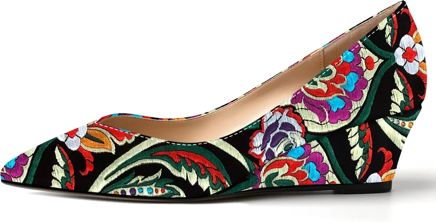 SHOWFOREST Women's Slip On Dating Patent Solid Pointed Toe Sexy Wedge Low Heel Pumps Shoes 2 Inch