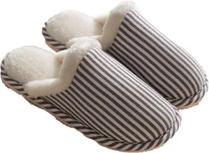 Simple Striped Fabric Cotton Slippers Soft Fluffy Warm Cozy Home Non-Slip Couple Style Casual Memory Foam Fuzzy Slides Indoor Outdoor Anti-Skid (Size:36-37,Color:Black)