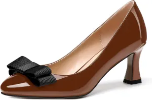 SKYSTERRY Women's Casual Round Toe Patent Bow Slip On Wedding Spool Mid Heel Pumps Shoes 2.5 Inch