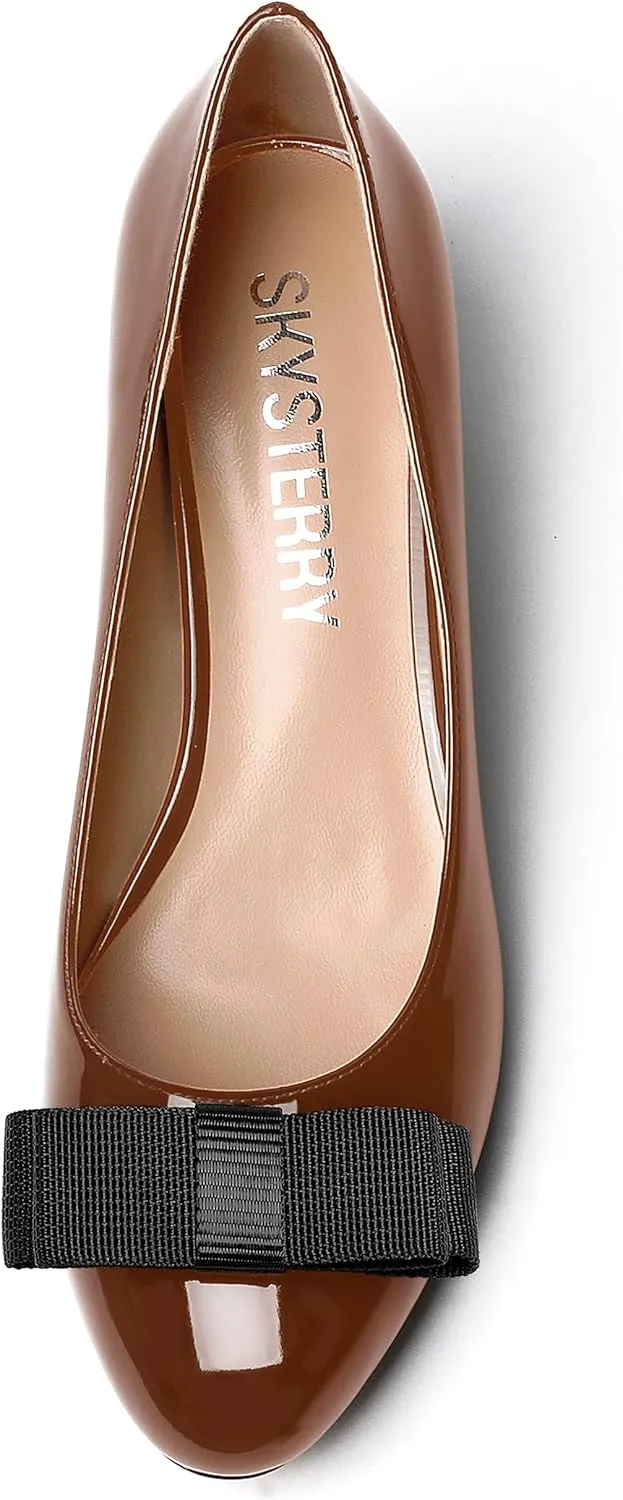 SKYSTERRY Women's Casual Round Toe Patent Bow Slip On Wedding Spool Mid Heel Pumps Shoes 2.5 Inch
