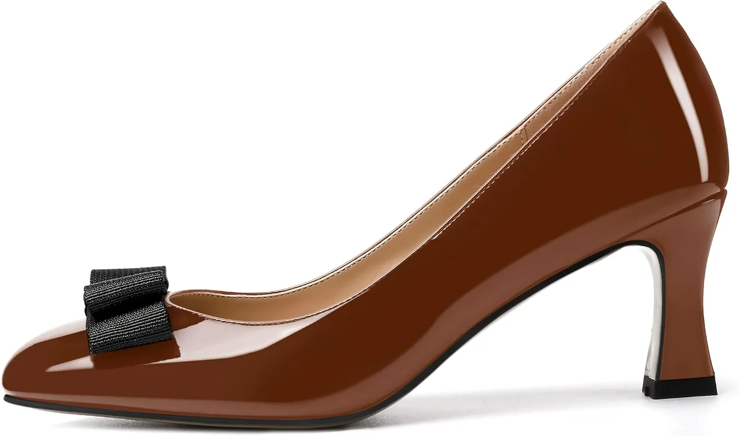 SKYSTERRY Women's Casual Round Toe Patent Bow Slip On Wedding Spool Mid Heel Pumps Shoes 2.5 Inch