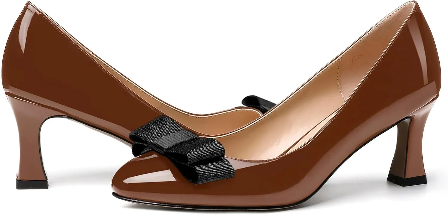 SKYSTERRY Women's Casual Round Toe Patent Bow Slip On Wedding Spool Mid Heel Pumps Shoes 2.5 Inch