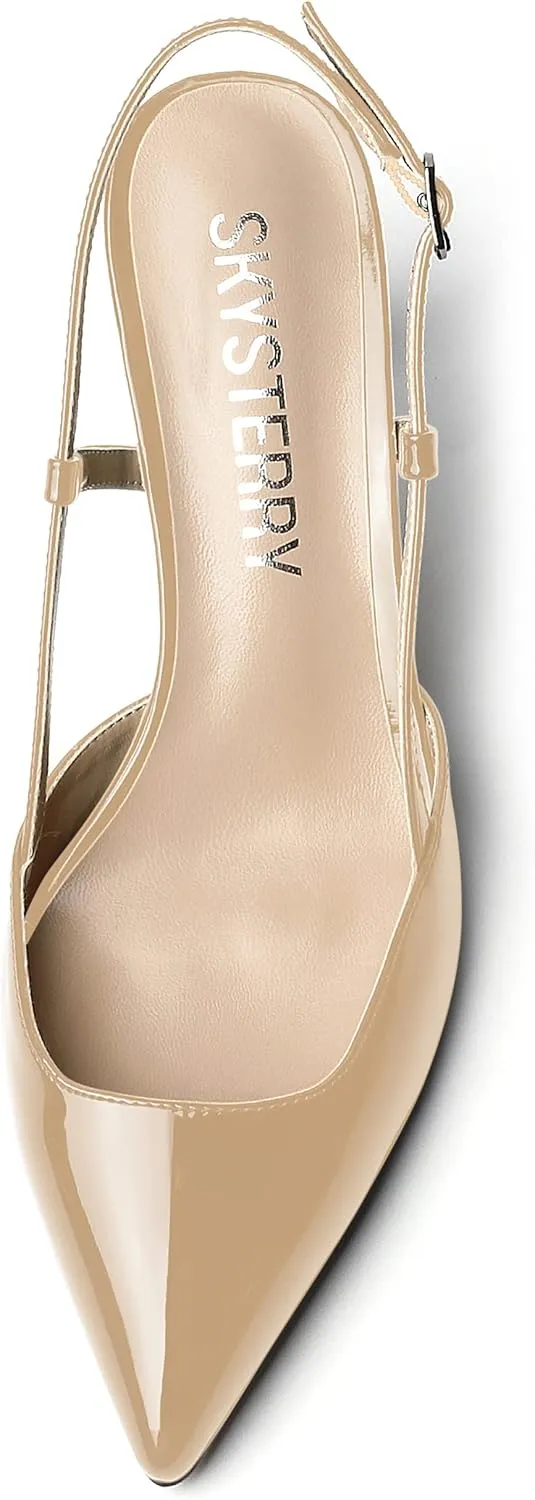 SKYSTERRY Women's Slip On Patent Pointed Toe Slingback Casual Dating Spool Mid Heel Pumps Shoes 2.5 Inch