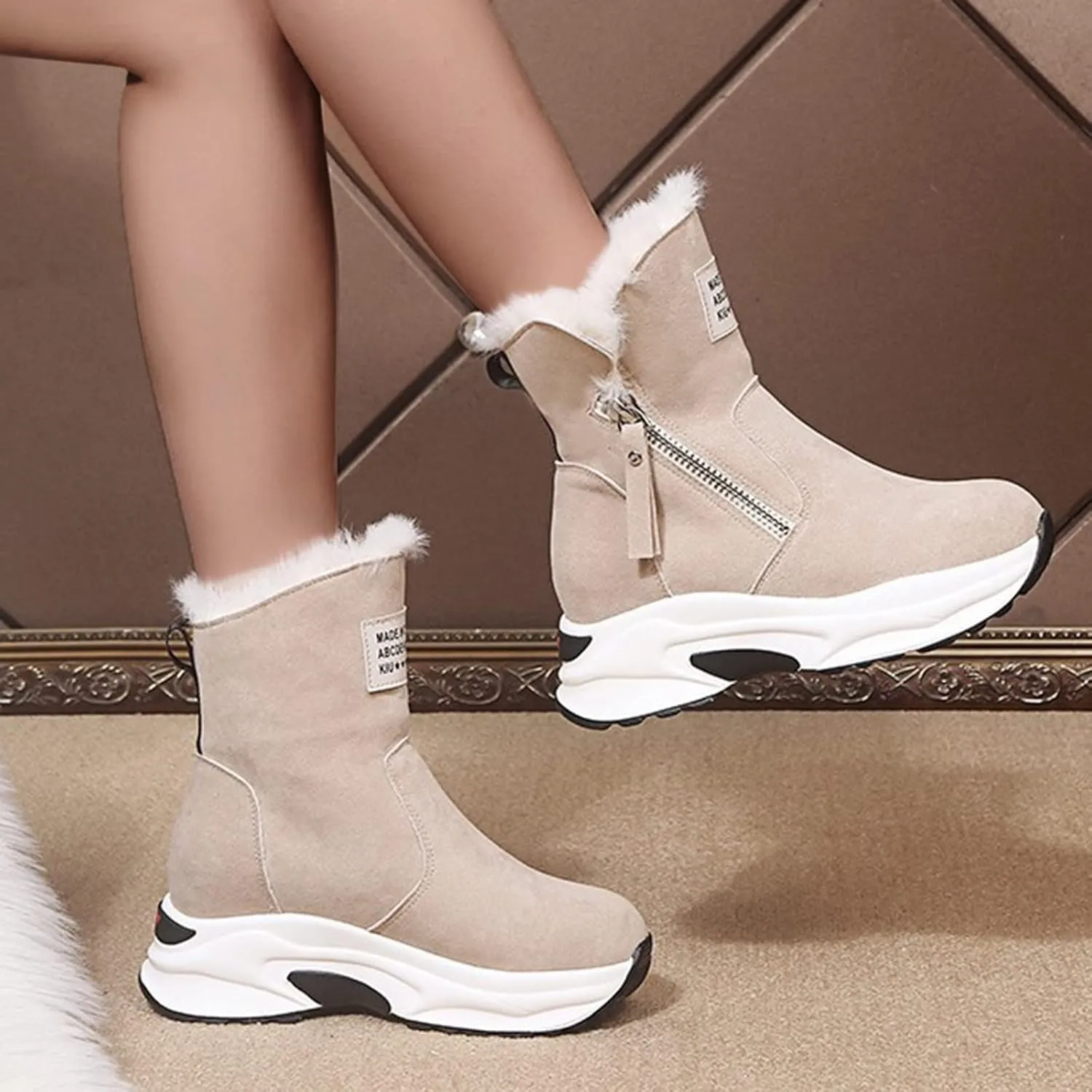 Slip On Boots Women Fur Lined Winter Boots Furry Snow Boots Waterproof Ankle Boots Ski Short Boots Suede Booties