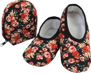 Snoozies Skinnies Womens Slipper Socks - Non-Slip Slippers with a Lightweight Sherpa Lining - Travel Slippers with Storage Pouch BOTANICAL-RAR-X-Large