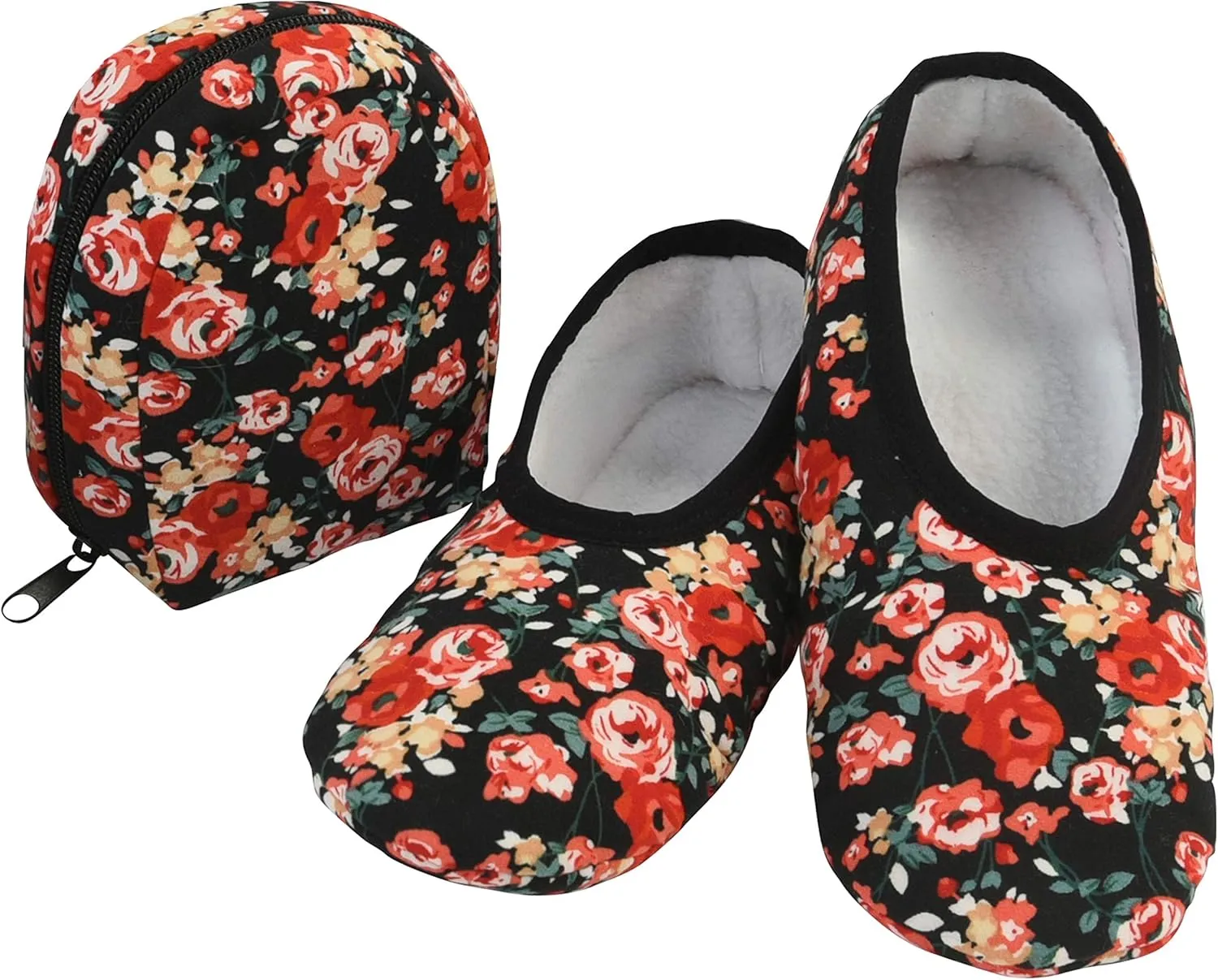 Snoozies Skinnies Womens Slipper Socks - Non-Slip Slippers with a Lightweight Sherpa Lining - Travel Slippers with Storage Pouch BOTANICAL-RAR-X-Large
