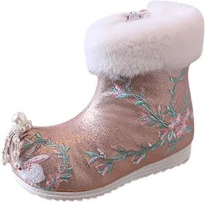 Soft Bottom Boots Baby Girls Ankle Pearl Boots Warm Cotton Boots Embroidered Boots National Boots Cotton (B, 4 Big Kids)