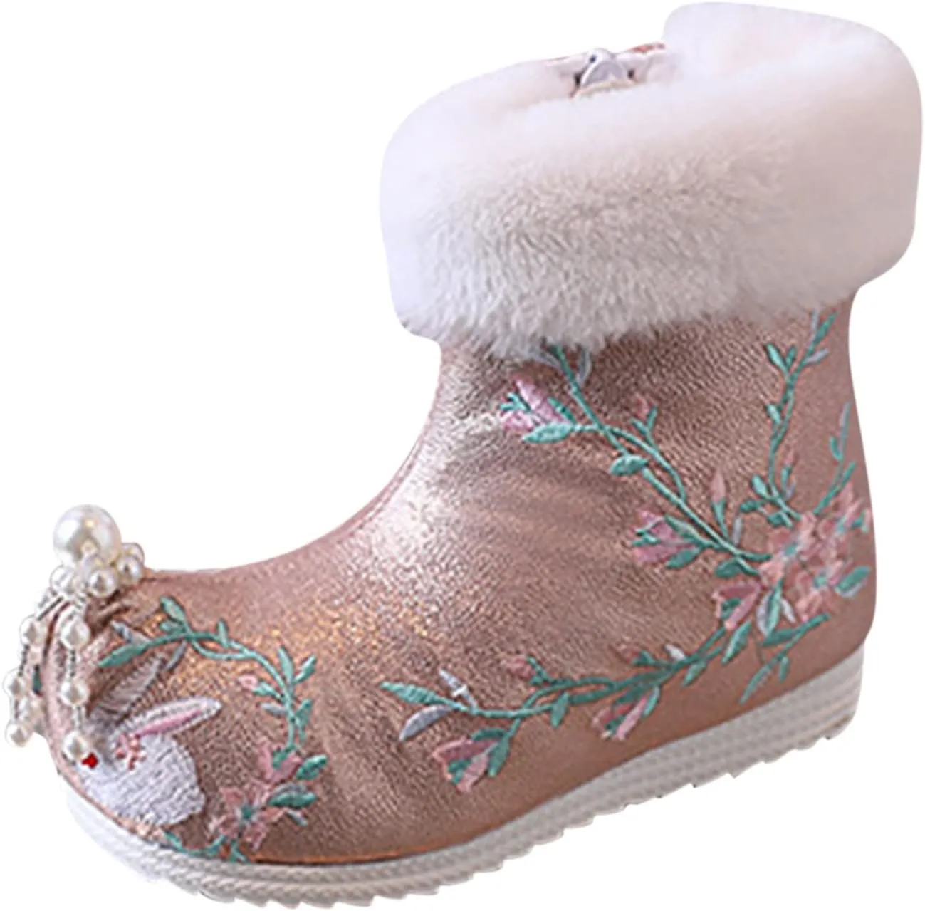 Soft Bottom Boots Baby Girls Ankle Pearl Boots Warm Cotton Boots Embroidered Boots National Boots Cotton (B, 4 Big Kids)