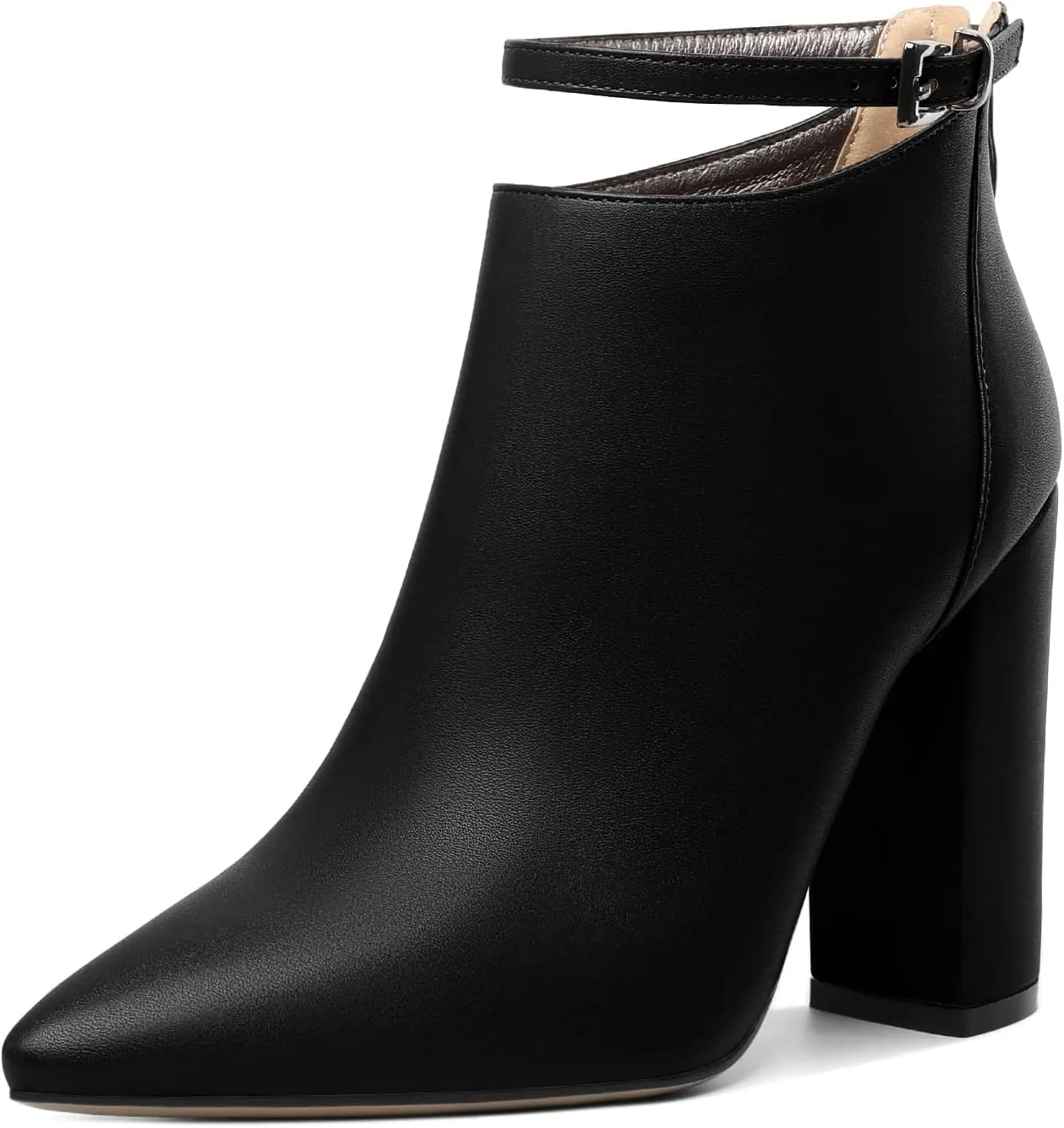 Soireelady Women Ankle Boots Pointed Toe Block Heel Ankle Booties Chunky High Heel Ankle Boots Classic Ankle Booties with Zipper Comfortable Adjustable Strap Ankle Boots
