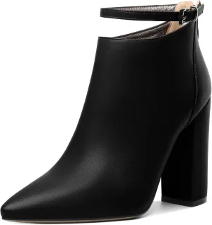 Soireelady Women Ankle Boots Pointed Toe Block Heel Ankle Booties Chunky High Heel Ankle Boots Classic Ankle Booties with Zipper Comfortable Adjustable Strap Ankle Boots