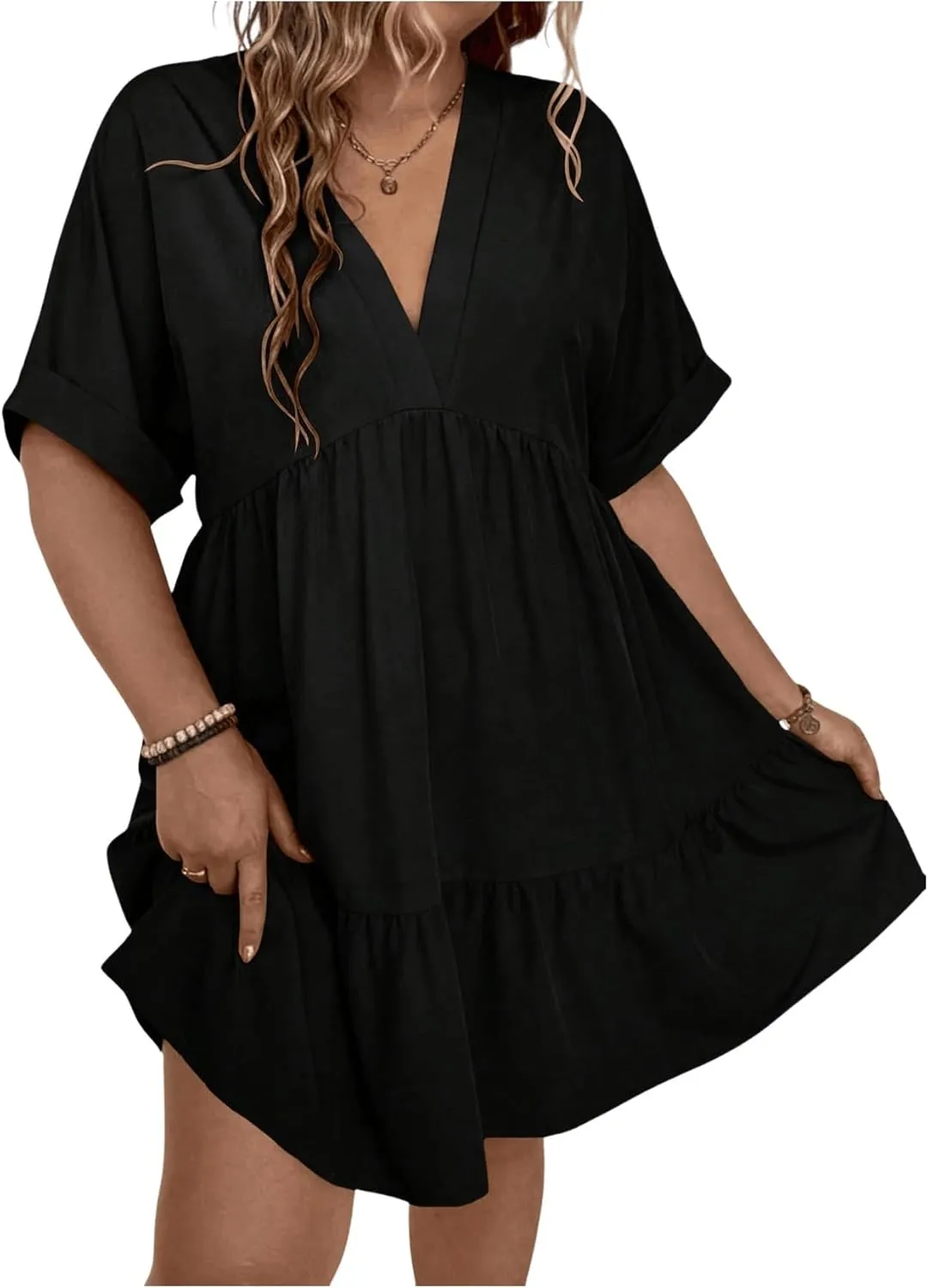 SOLY HUX Women's Plus Size V Neck Flowy Dresses Summer Short Sleeve Swing Loose Casual Smocked Dress