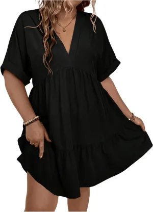 SOLY HUX Women's Plus Size V Neck Flowy Dresses Summer Short Sleeve Swing Loose Casual Smocked Dress