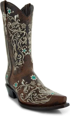 Soto Boots Women's Dahlia Vintage Flower Embroidery Cowgirl Boots, Geniune Leather Handcrafted Boots M50042 Brown