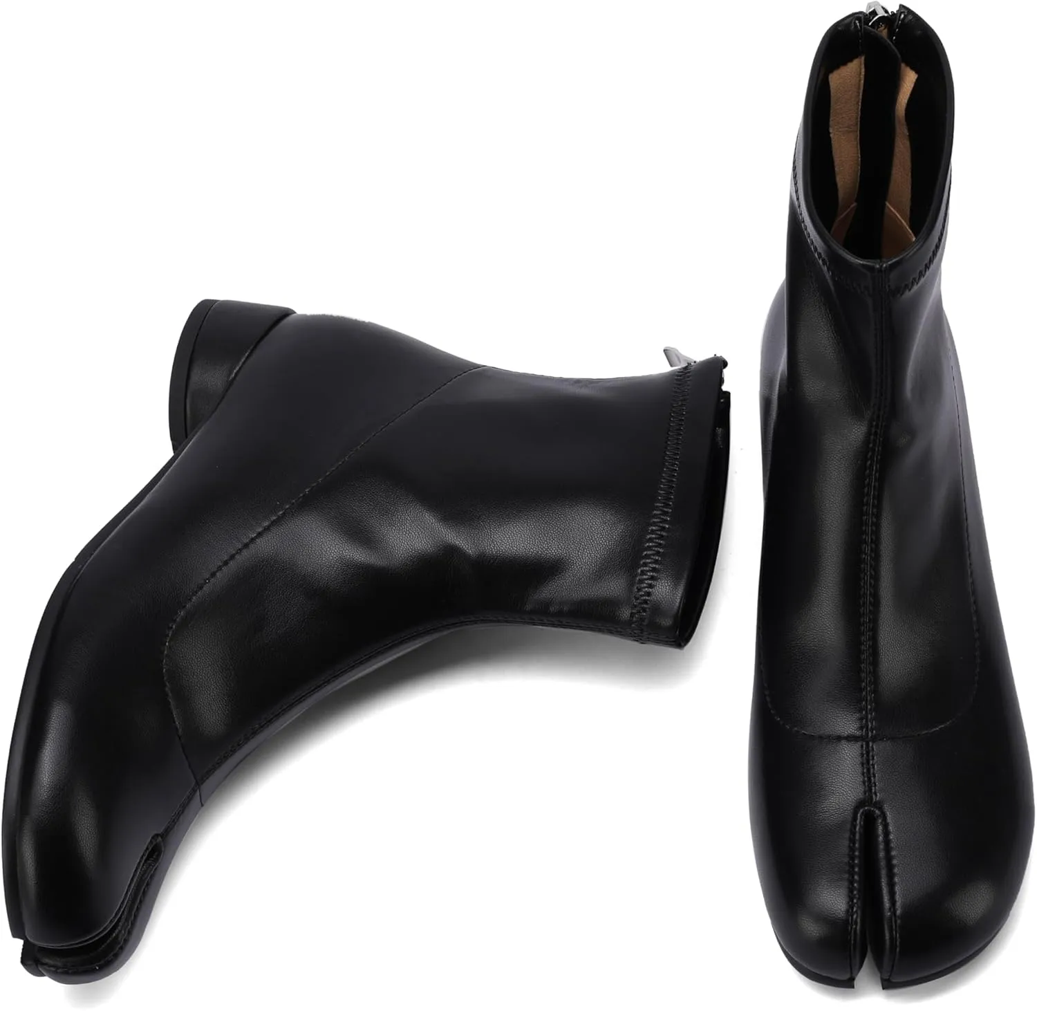Split Toe Ankle Boots for Women Tabi Japanese Ninja Shoes Low Chunky Heels Booties, Stretch Artificial Leather Boots Back Zipper