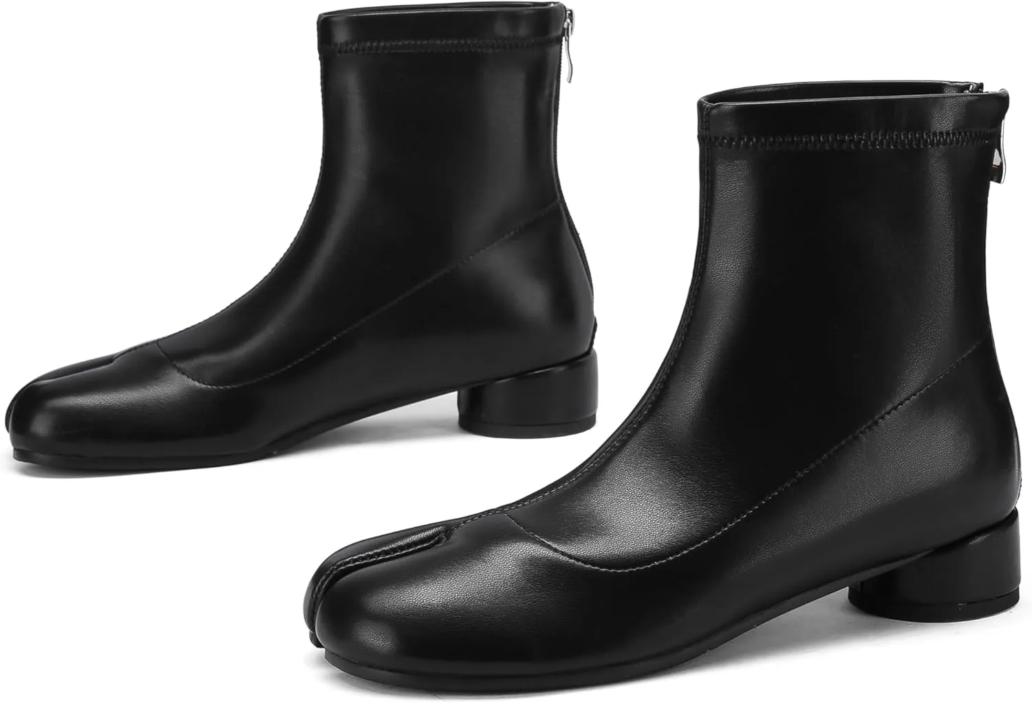 Split Toe Ankle Boots for Women Tabi Japanese Ninja Shoes Low Chunky Heels Booties, Stretch Artificial Leather Boots Back Zipper