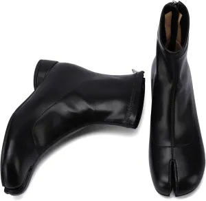 Split Toe Ankle Boots for Women Tabi Japanese Ninja Shoes Low Chunky Heels Booties, Stretch Artificial Leather Boots Back Zipper