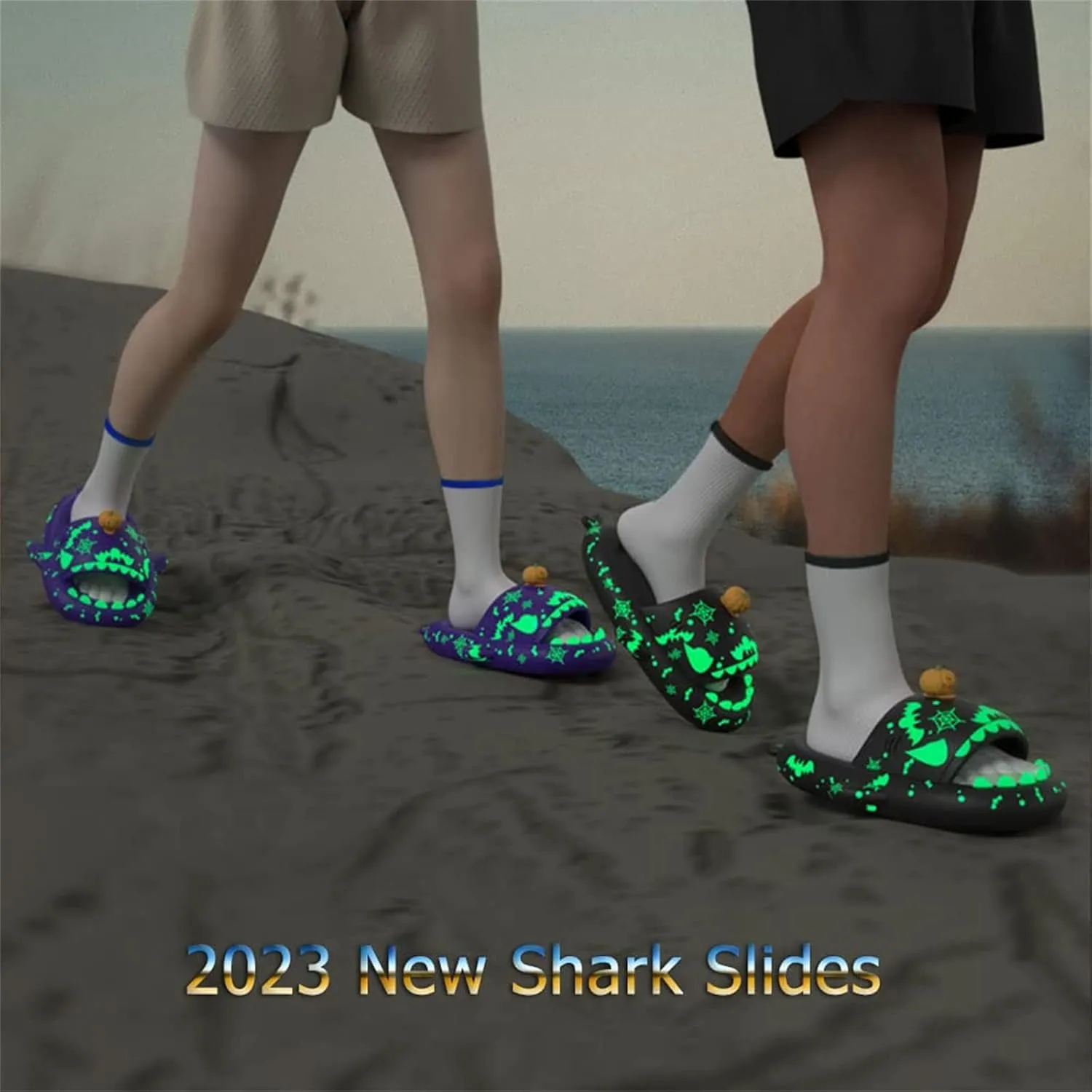 Spooky Shark Slides Glow In The Dark For Men Women, Halloween Christmas Shark Slippers, 3D Cartoon Cloudy Shark Slippers