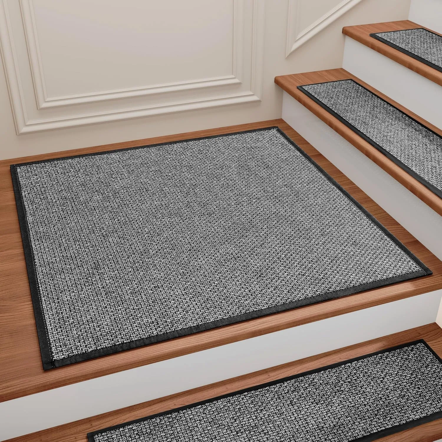 Stair Treads Carpet for Wooden Steps, Non Slip Landing Mat Rug Whit Rubber Backing, Polyester Soft Stairs Resistant Indoor Skid Runner Safety Rugs for Family, Absorbent Washable 31" x 31" Dark Gray