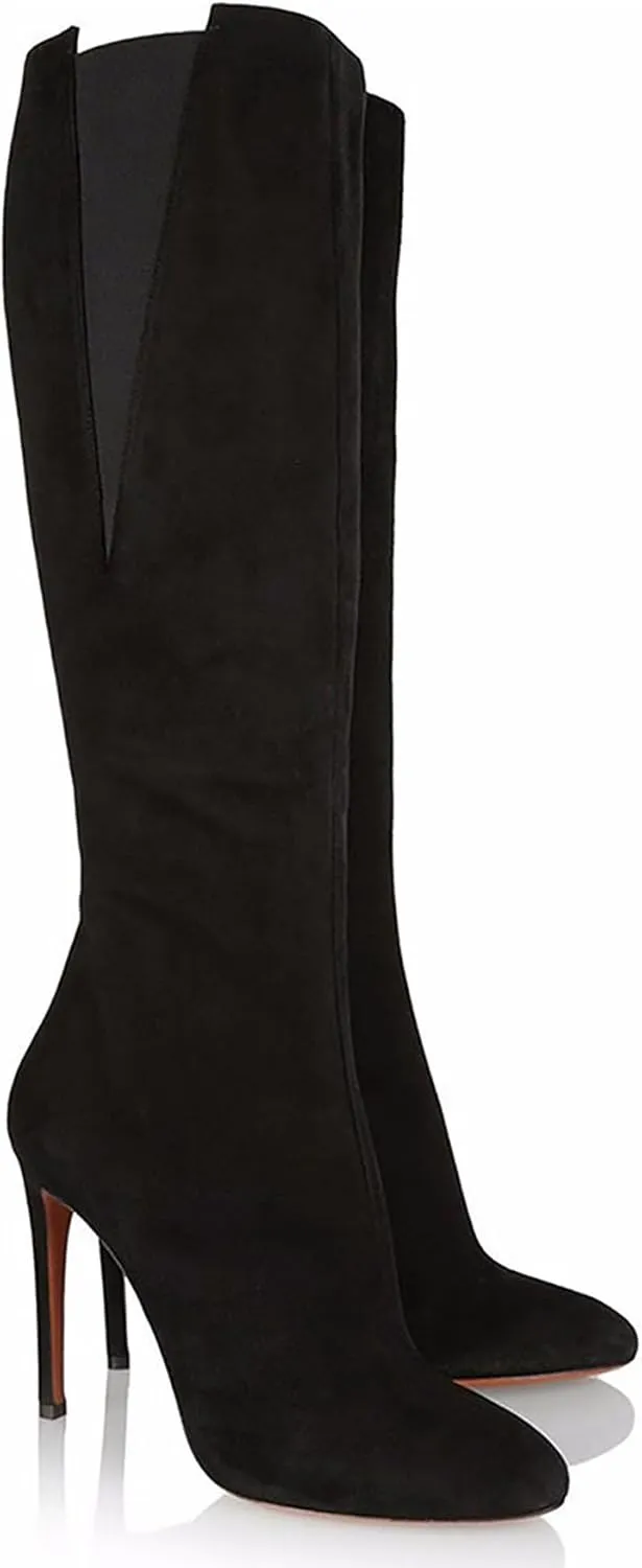Stiletto Heel Knee High Boots for Women Comfort Round Toe Tall Boots Side Zipper Dress Long Boots Fashion Classic Suede Knee High Boots