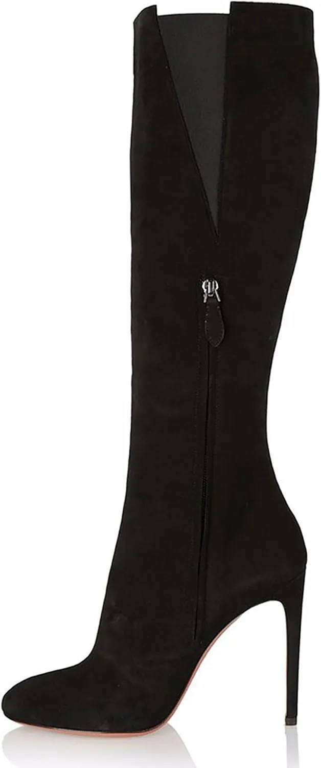 Stiletto Heel Knee High Boots for Women Comfort Round Toe Tall Boots Side Zipper Dress Long Boots Fashion Classic Suede Knee High Boots